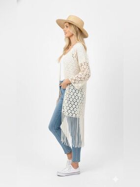 Rebellion Cream Crochet Fringe Open-Front Cardigan